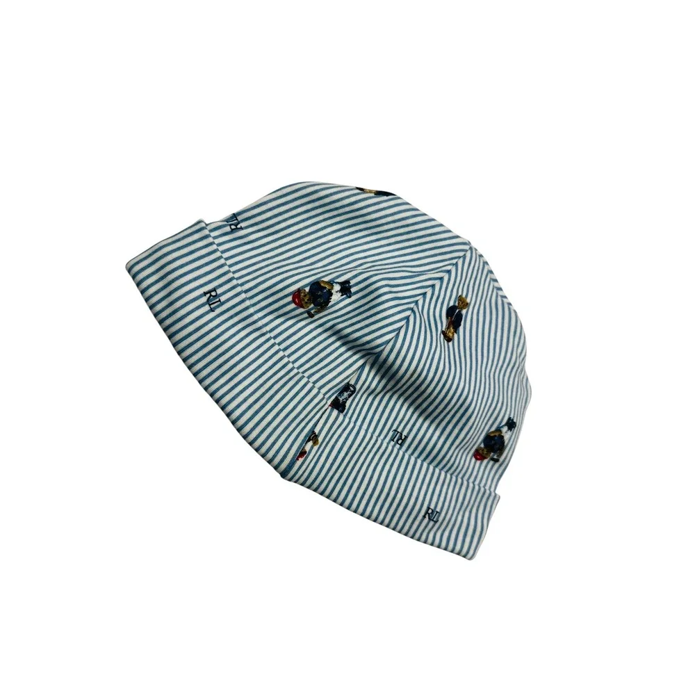 Ralph Lauren Polo Bear Baby Beanie Blue White Striped Cotton Hat 3-9M